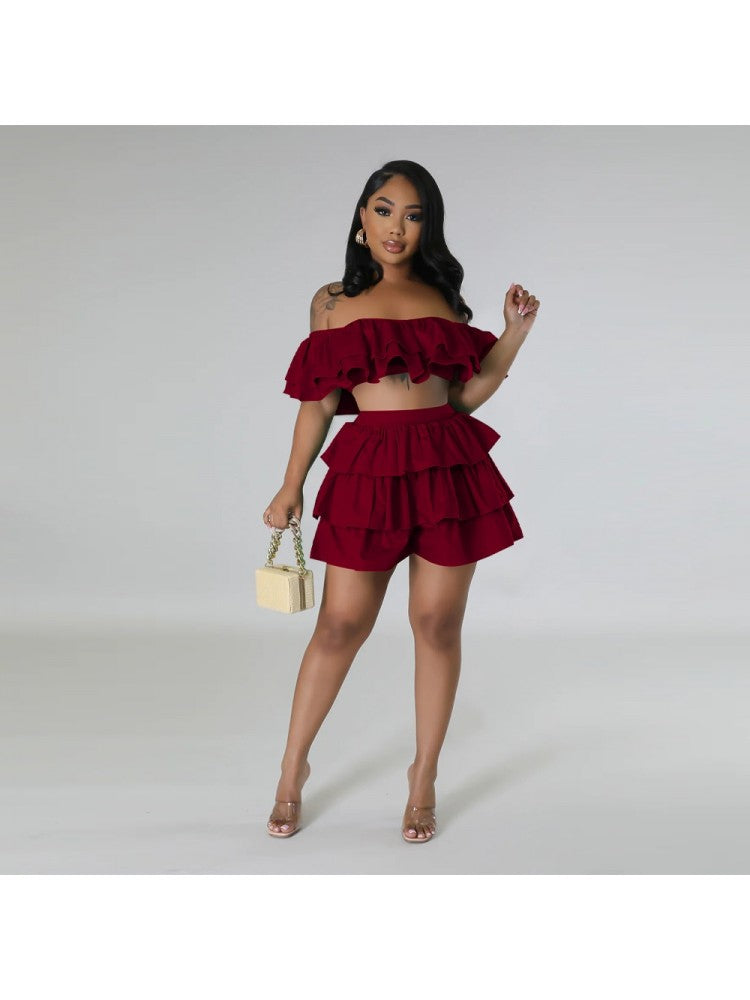 Solid Ruffle Shoulder Crop Skirt Set