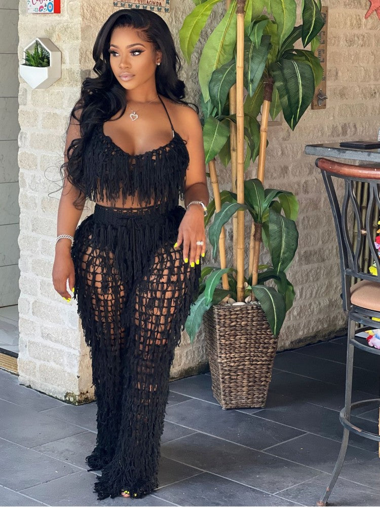 Sexy Backless Halter Tassel Set