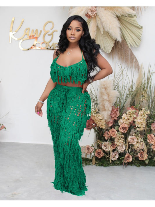 Sexy Backless Halter Tassel Set