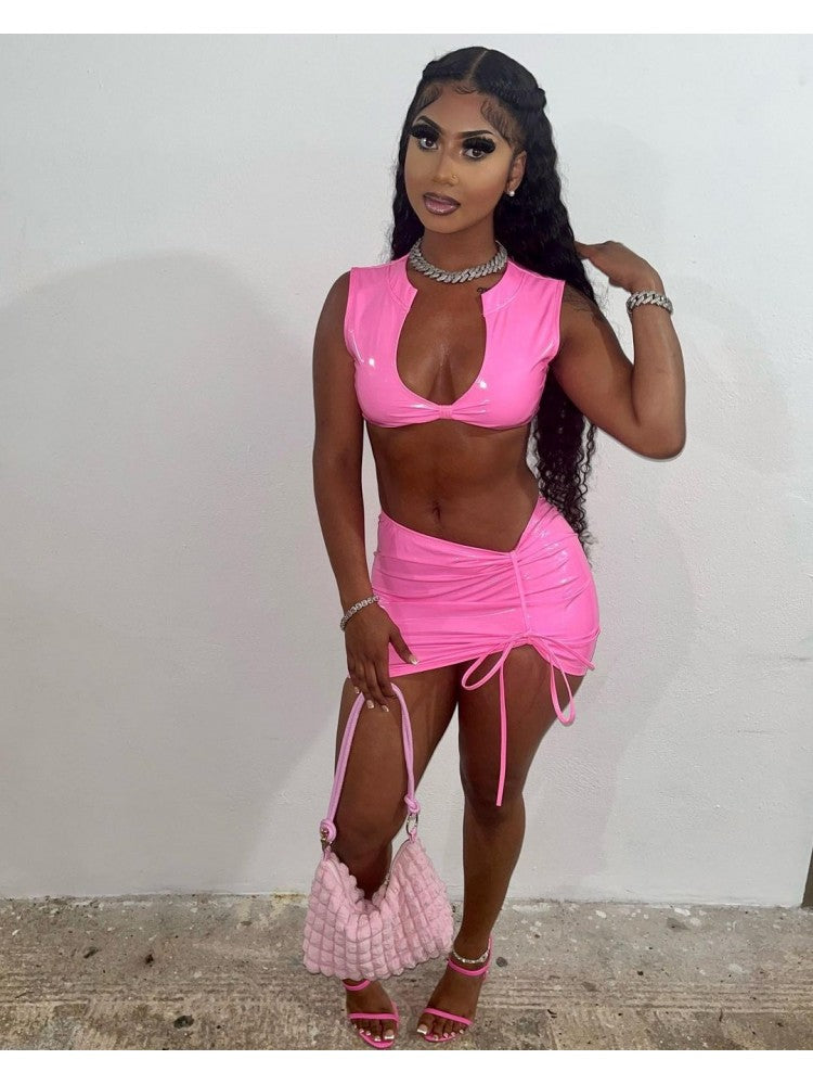 Pink Leather Skirt Set