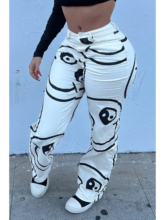 White Print High Waist Pants