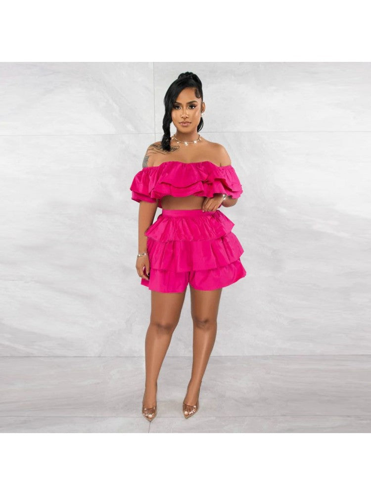 Solid Ruffle Shoulder Crop Skirt Set