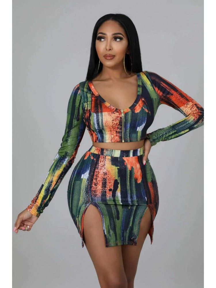 Sexy Printing Split Skirt Set