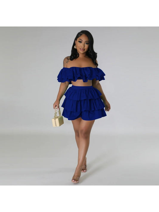 Solid Ruffle Shoulder Crop Skirt Set