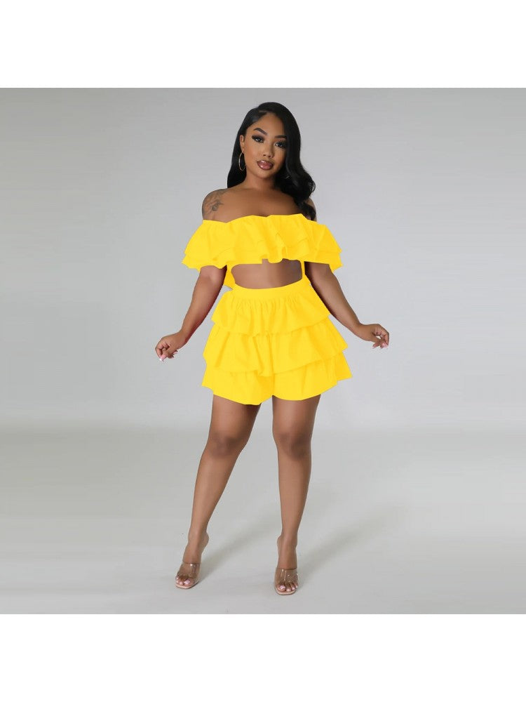 Solid Ruffle Shoulder Crop Skirt Set