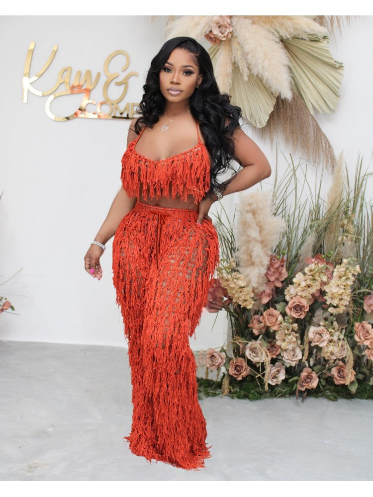 Sexy Backless Halter Tassel Set