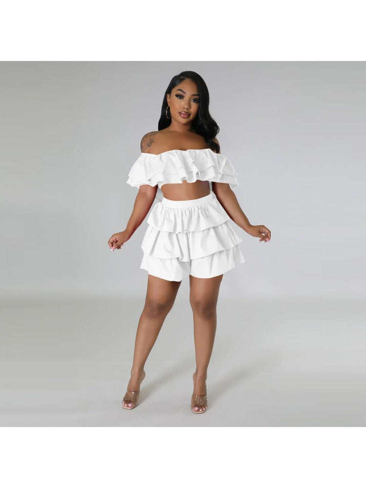 Solid Ruffle Shoulder Crop Skirt Set