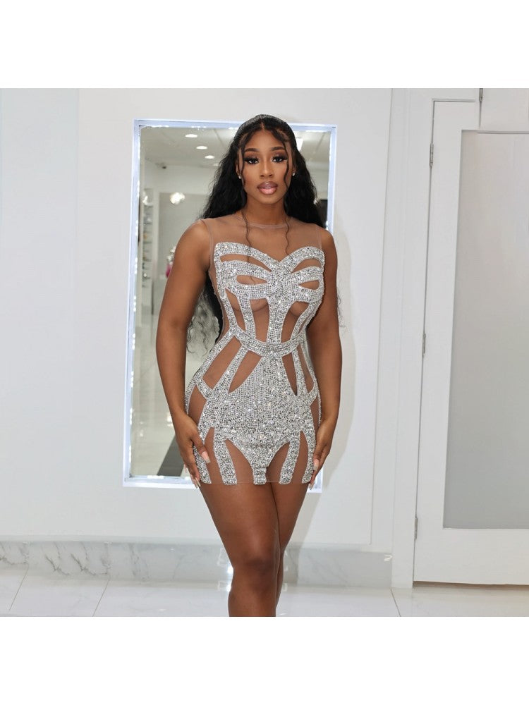 See Through Hot Drilling Dress