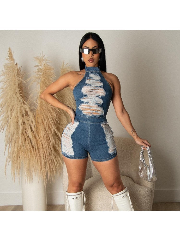 Ripped Blue Jean Romper