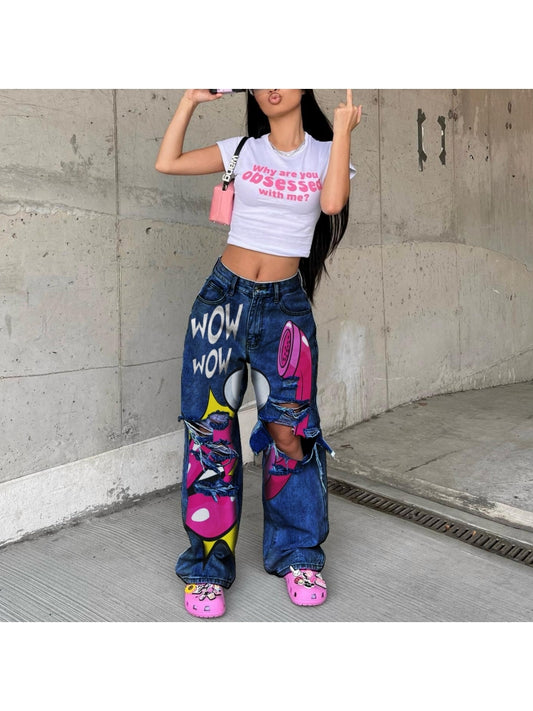 Ripped Graphic Denim Pants