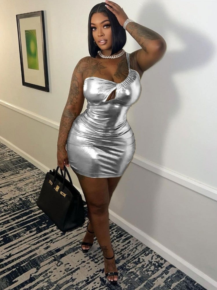 Shiny One Shoulder Bodycon Dress