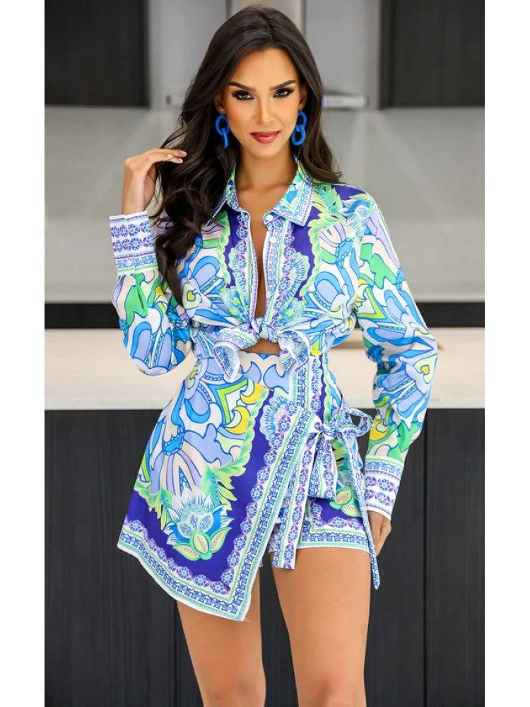 Retro Print Irregular Skirt Set