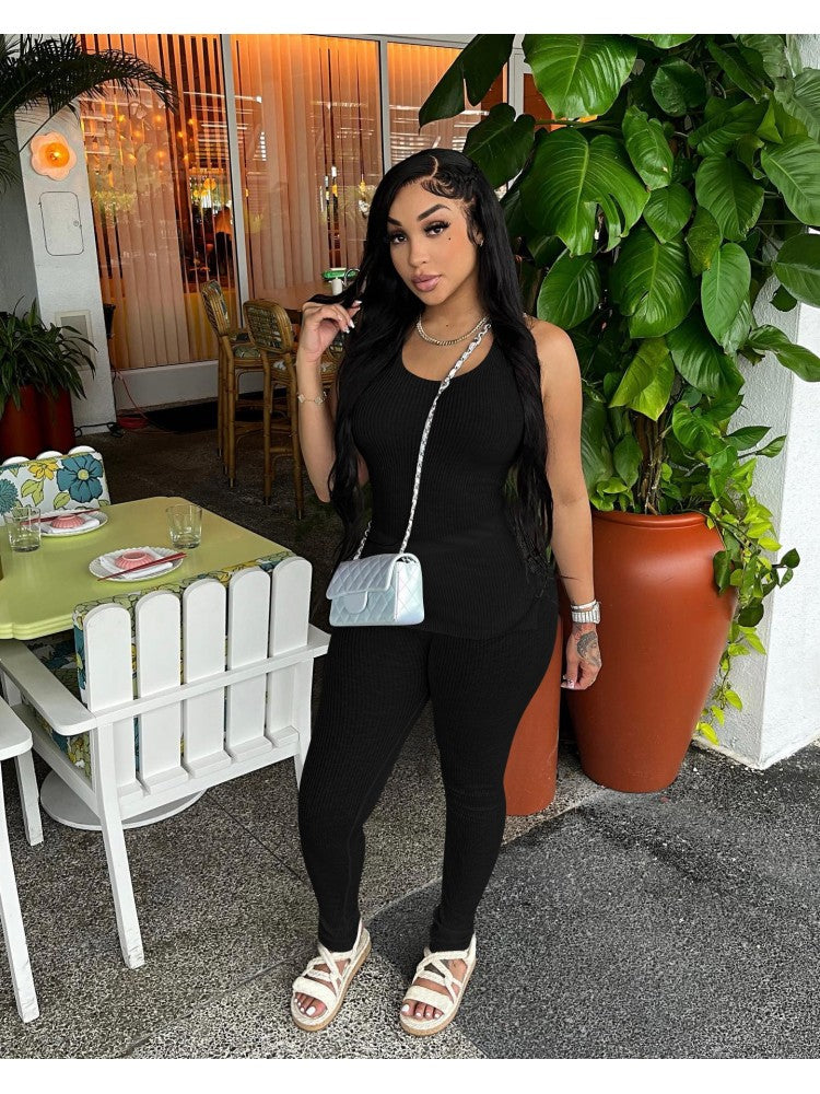 Plain Slit Pants Set