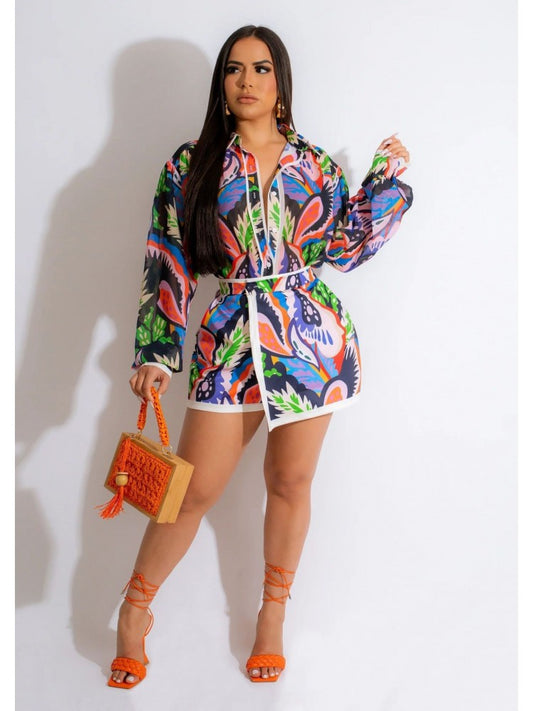 Retro Print Irregular Skirt Set