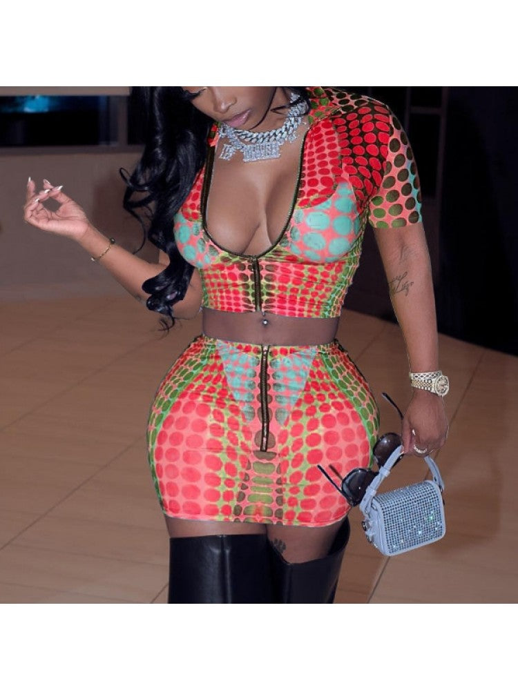 Digital Print Zipper Skirt Set