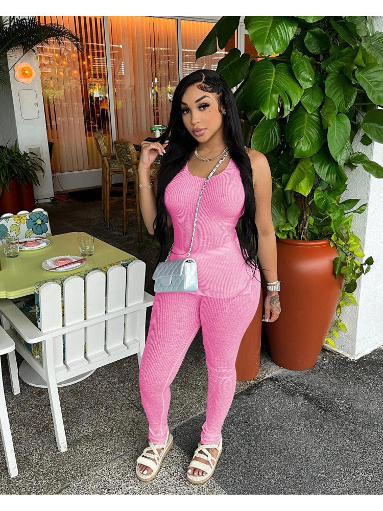 Plain Slit Pants Set