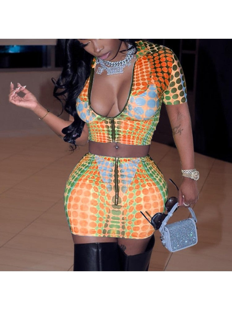 Digital Print Zipper Skirt Set